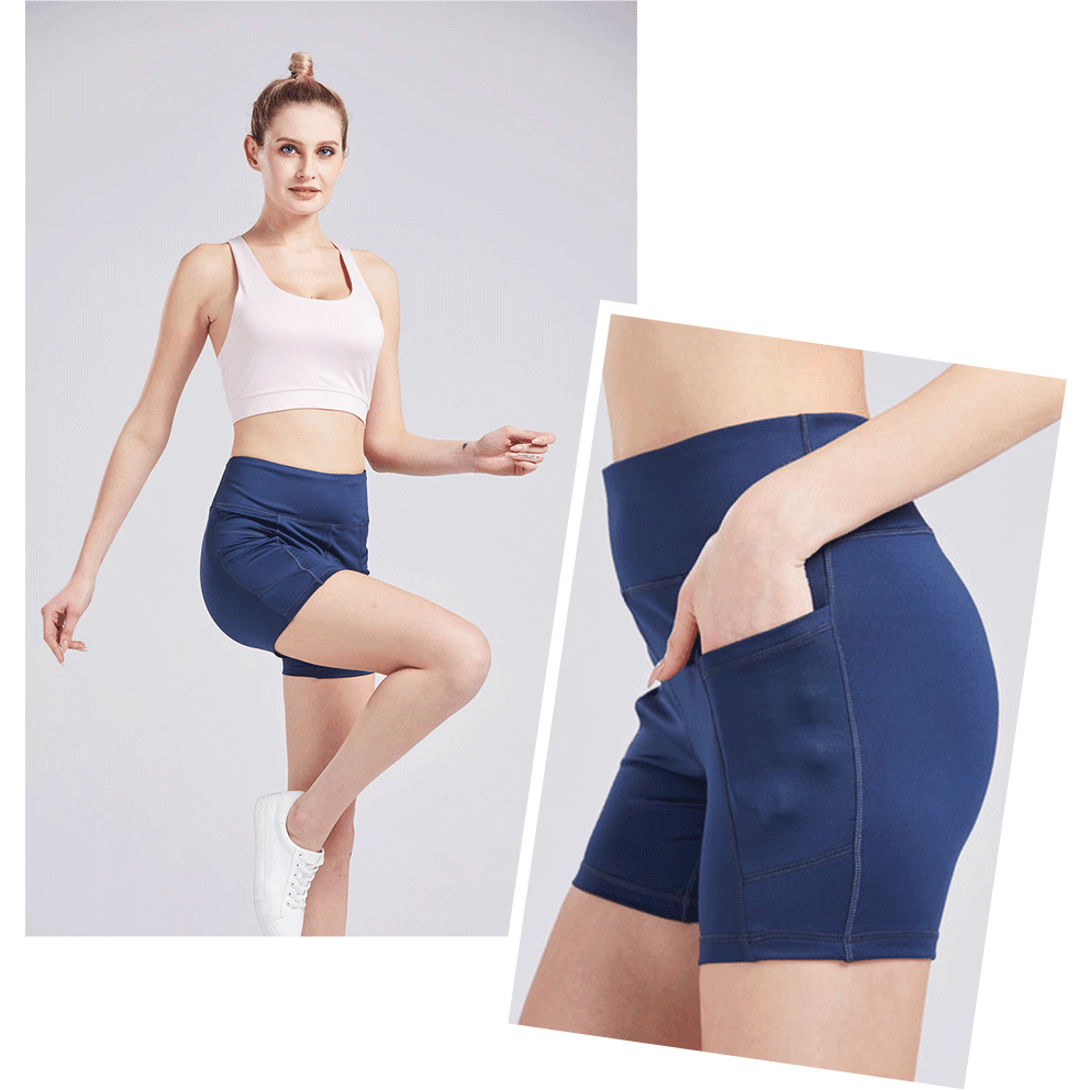  Womens High Waist Yoga Shorts,Tummy Control,Workout Shorts  Out Pockets,3 Pack,1015,Blue & Brown & Red,X-Small